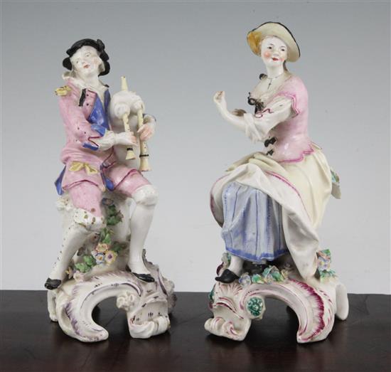 A pair of Chelsea-Derby figures of musicians, c.1775, 21.5cm, restorations